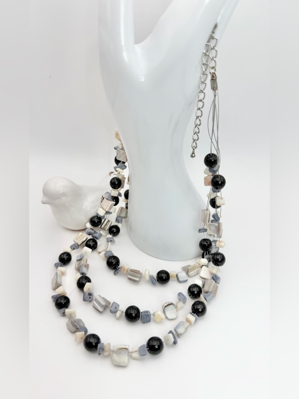 Three-Strand Black and Gray Beaded Necklace -